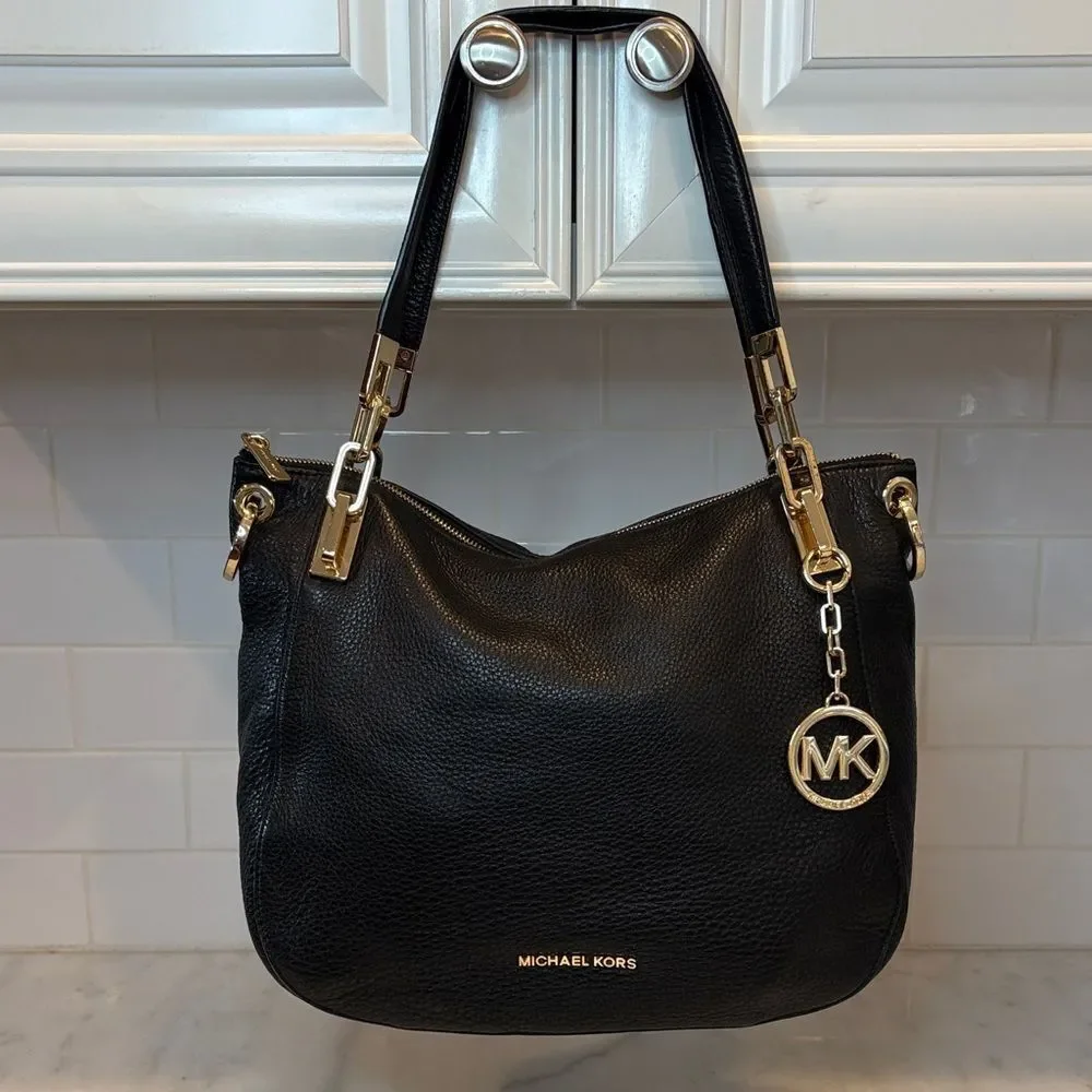Michael Kors Black Pebbled Leather Shoulder Bag with Gold Hardware